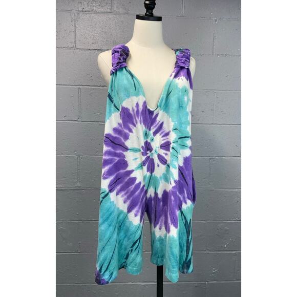 Vintage 1980s Tie Dye Jersey Knit Shorts Romper Free Size Purple Teal One Piece - Picture 8 of 10